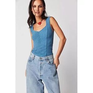 Free People Boss Babe Corset Style Ribbed Tank Top Womens Medium Blue Knit